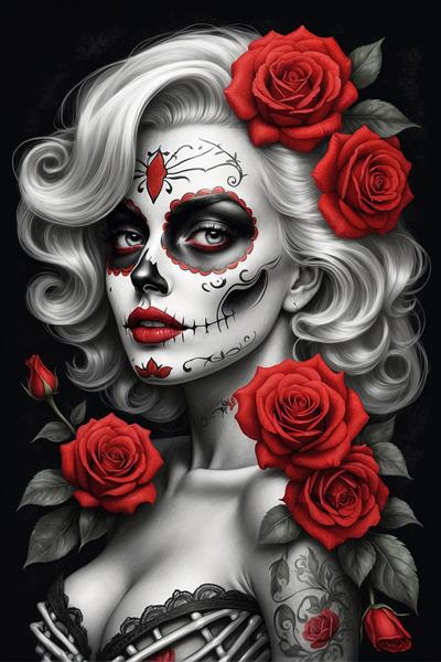 طرح مونرو با چهره‌آرایی کتینا، رز سرخ و کنتراست سیاه‌وسفید