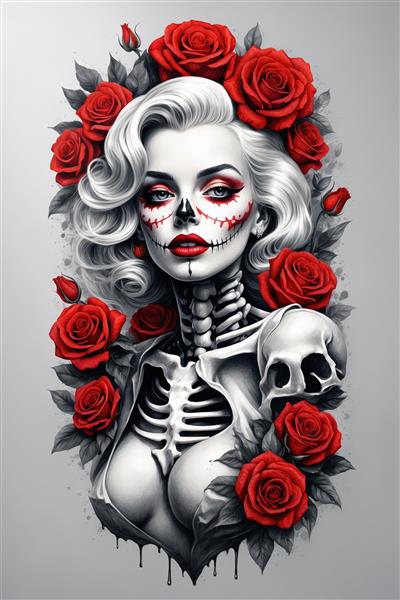 پرتره مرلین مونرو با آرایش اسکلتی (کالاورا) و گل‌های رز سرخ