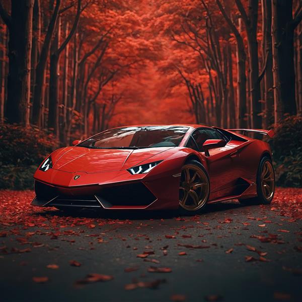 عکس لامبورگینی قرمز در جاده جنگل پاییزی