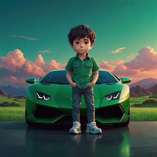 طرح پسر کارتونی با لامبورگینی سبز در طبیعت