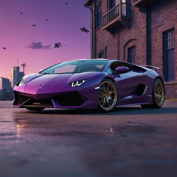 عکس هنری لامبورگینی بنفش در غروب شهر