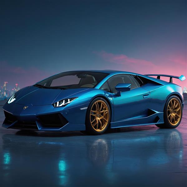 عکس لامبورگینی آبی متالیک با رینگ طلایی در شب