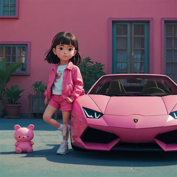 پوستر دختر کارتونی و ماشین صورتی با خرس عروسکی