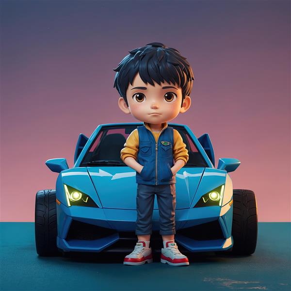 طرح هنری پسر کارتونی با لامبورگینی آبی