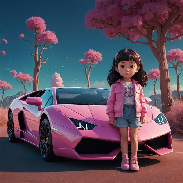 پوستر دختر کارتونی با ژاکت صورتی و ماشین لامبورگینی