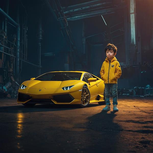 عکس پسر بچه و ماشین لامبورگینی زرد در گاراژ