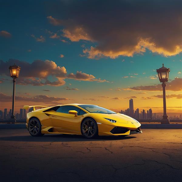 پوستر لامبورگینی زرد در منظره غروب شهر
