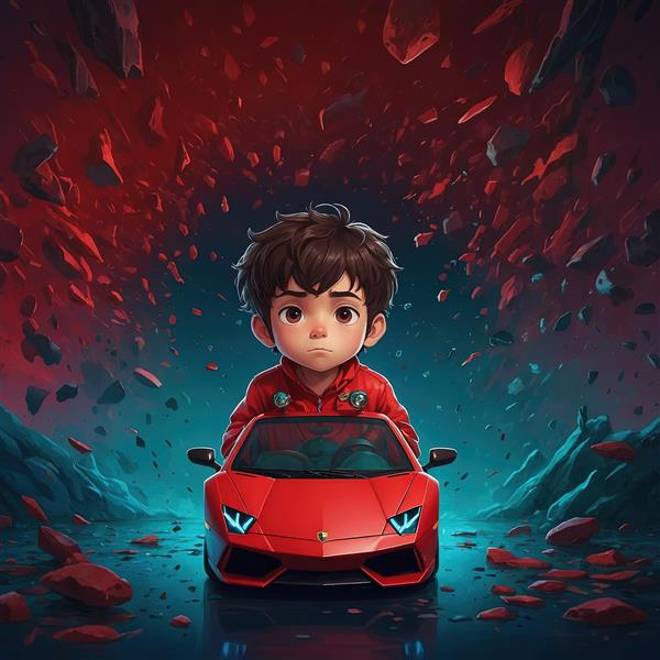 پوستر هنری پسر بچه در ماشین لامبورگینی قرمز