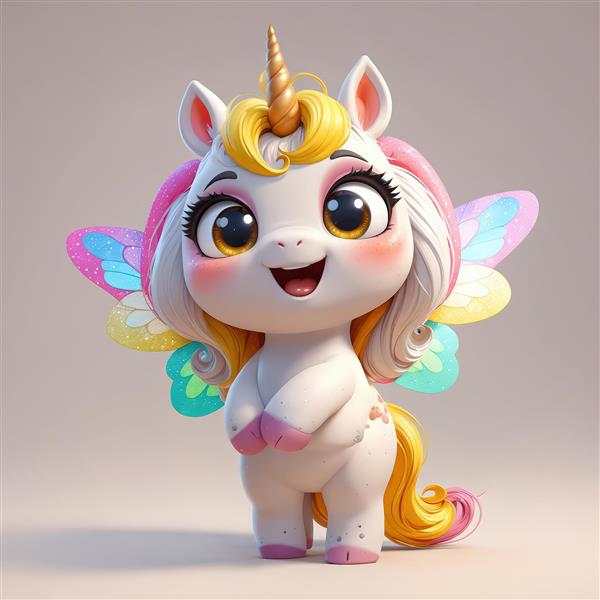 عکس سه بعدی بچه یونیکورن خوشحال با موی طلایی