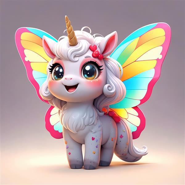 کاراکتر یونیکورن ناز با پاپیون صورتی و بال پروانه ای