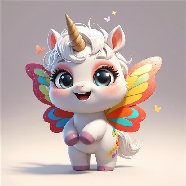 طراحی سه بعدی بچه یونیکورن خندان با بال پروانه