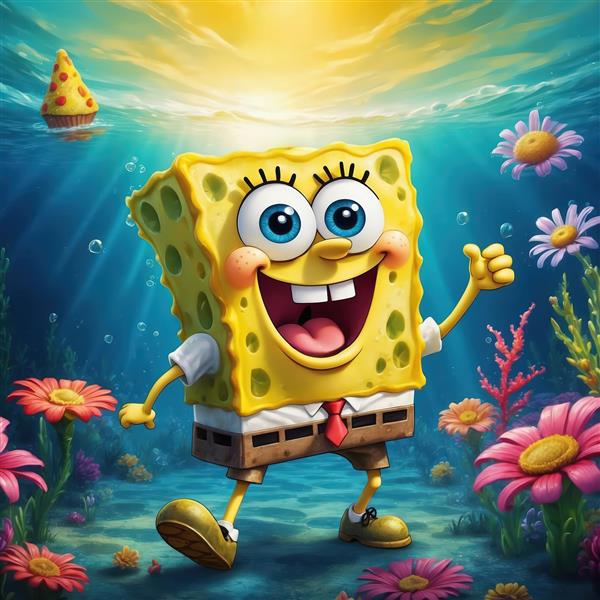 پوستر باب اسفنجی در حال شادمانی زیر آب با تکه پیتزا شناور و گلهای دریایی