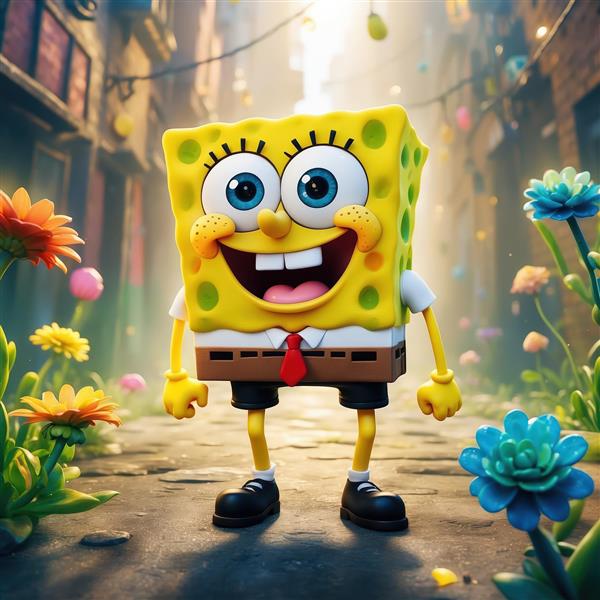 تصویر باب اسفنجی در کوچه‌ی قدیمی اروپایی با گلدان‌ها و نوردهی دراماتیک