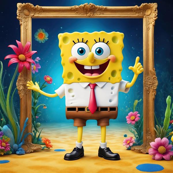 عکس باکیفیت باب اسفنجی در قاب طلایی عتیقه با تم زیر دریا و گلهای فانتزی