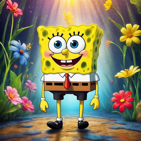 تصویر استودیویی باب اسفنجی در مسیر جنگلی پرنور و گلهای رنگی فانتزی