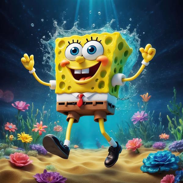 پوستر با رزولوشن بالا از باب اسفنجی در حال جست‌وخیز در بستر شنی دریا