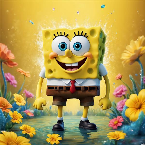 طرح دکوراتیو باب اسفنجی در باغی پر از گلهای زرد و صورتی با نور طلایی