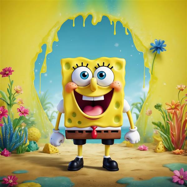 عکس باکیفیت باب اسفنجی در ساحل فانتزی زیر طاق زرد رنگ و فضای گرمسیری