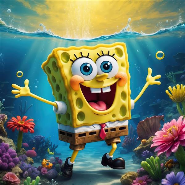 تصویر استوک باکیفیت باب اسفنجی در حال شادی زیر سطح آب و امواج