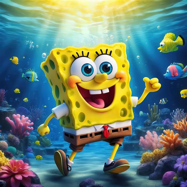 پوستر باب اسفنجی شاد در کف اقیانوس با ماهی‌های رنگارنگ و مرجان‌ها