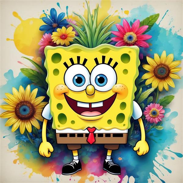 عکس استوک باب اسفنجی با آناناس و آفتابگردان، طرحی پرانرژی و رنگارنگ