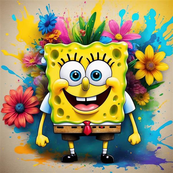 تصویر فانتزی باب اسفنجی با پس‌زمینه انفجار رنگ و گل‌های شاداب آبرنگی