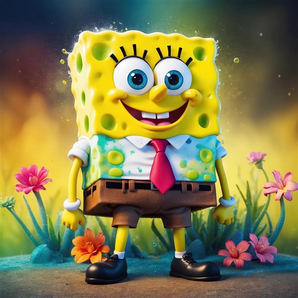 طرح چاپی باب اسفنجی شلوارمکعبی در طبیعت و چمنزار سبز با گل‌های کوچک