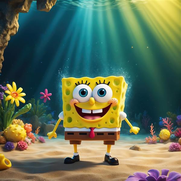 پوستر باکیفیت باب اسفنجی در غار زیر آب و صخره‌های مرجانی برای تابلوی اتاق