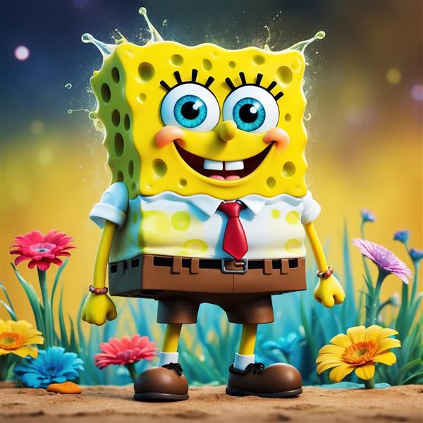 تصویر دکوراتیو باب اسفنجی در یک مزرعه گل زیبا و محیط طبیعی با نور ملایم