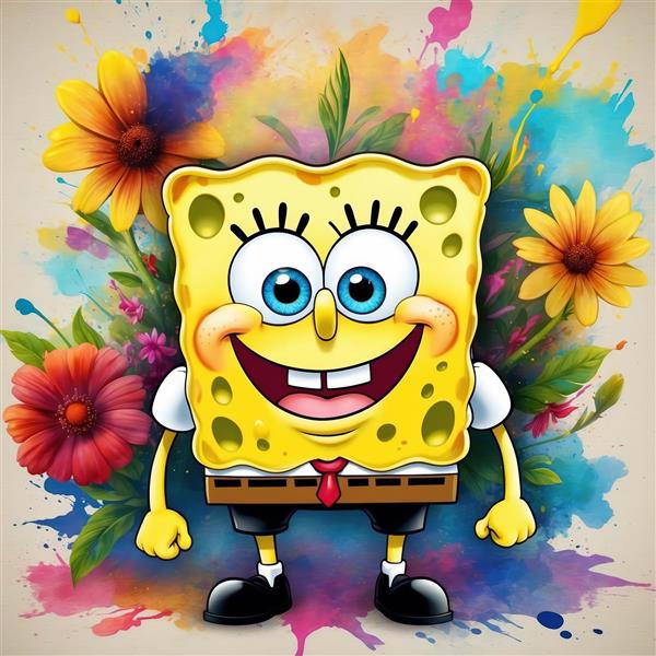 پس‌زمینه نقاشی آبرنگی باب اسفنجی و گل‌های آفتابگردان با پاشش رنگ