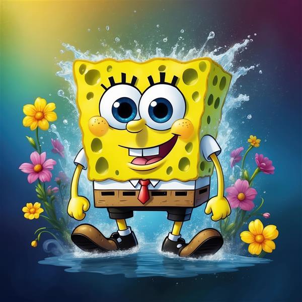 طرح گرافیکی فانتزی باب اسفنجی در حال آب‌بازی با گل‌ها و رنگین‌کمان