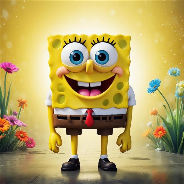 عکس باکیفیت باب اسفنجی در باغ گل و میان گل‌های رنگارنگ با نورپردازی گرم