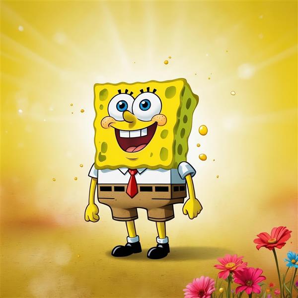 باب اسفنجی در حال پرش و نگه‌داشتن بادکنک‌ها کنار کیک تولد، پس‌زمینه آبی تیره