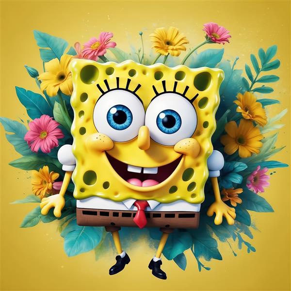 طرح باب اسفنجی در احاطه گل‌ها و برگ‌های فانتزی، تصویر باکیفیت برای دکوراسیون