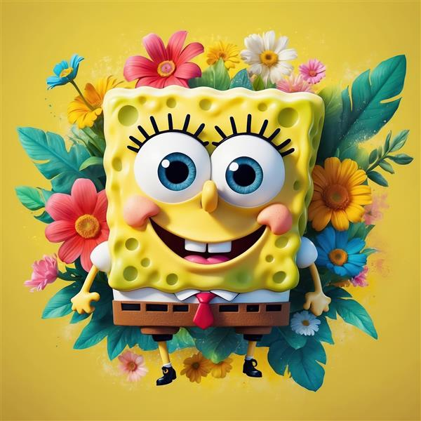 طرح تابستانی باب اسفنجی با دسته گل‌های رنگارنگ و برگ‌های استوایی (رزولوشن بالا)