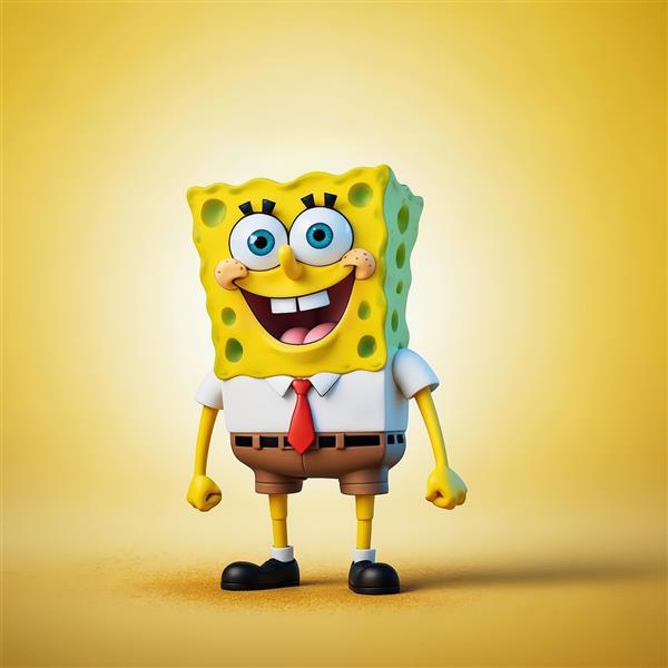 مجسمه باب اسفنجی خندان در زمینه زرد روشن، طرح مینیمال و استودیویی باکیفیت
