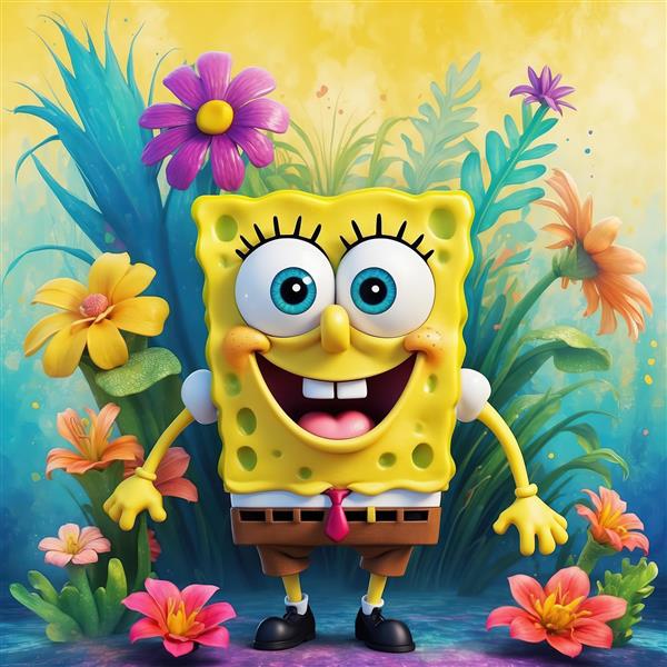 تصویر عریض باب اسفنجی در حال رقص روی سکوی رنگین‌کمان با بادکنک، مناسب پوستر