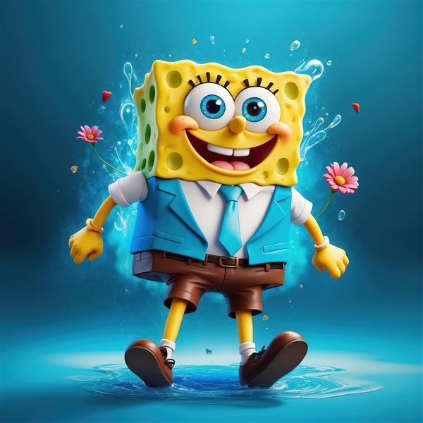 باب اسفنجی با جلیقه آبی و کراوات روشن در میان پاشش آب، طرح سه‌بعدی شاداب