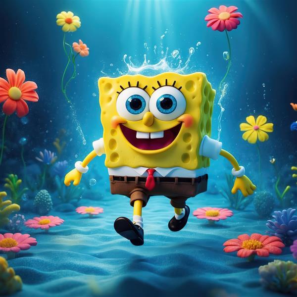 پوستر عمودی باب اسفنجی در میان بادکنک‌ها، طراحی باکیفیت و شاد برای چاپ اتاق کودک