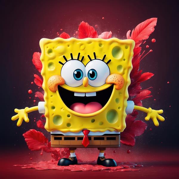 باب اسفنجی در مرکز ترکیب گلبرگ‌ها و پرهای قرمز، طرح هنری با تم عشق و شور