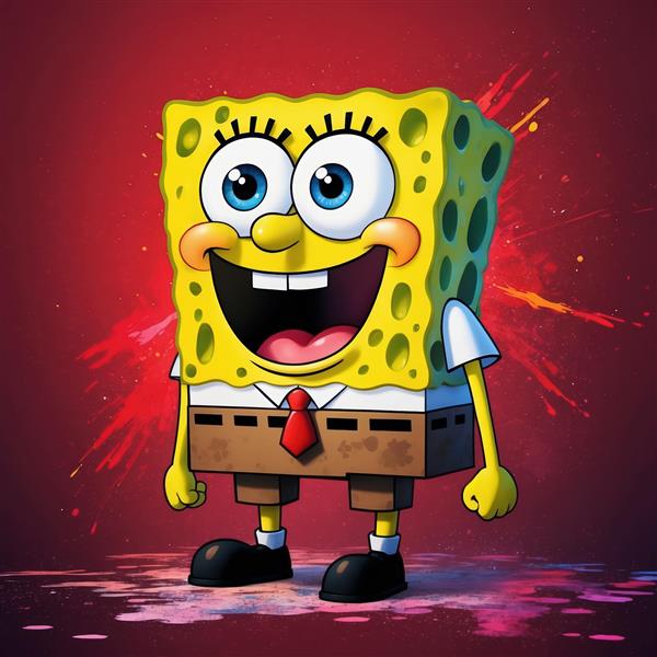 باب اسفنجی در میان پاشش رنگ قرمز و صورتی، طرح گرافیکی با لبخند پرانرژی