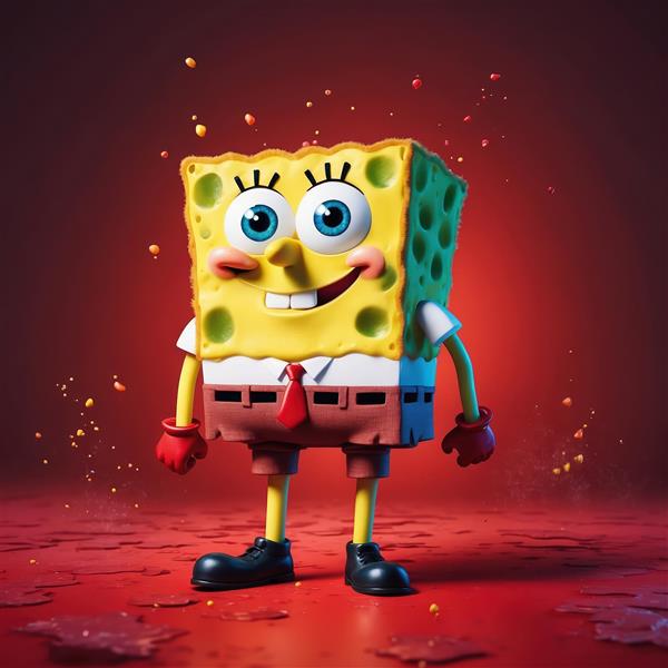 باب اسفنجی خندان در پس‌زمینه قرمز با پاشش‌های رنگی، طرح هنری و اکتیو