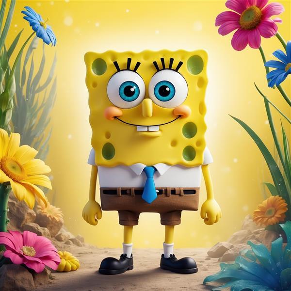 باب اسفنجی در باغ گل‌های رنگارنگ با پس‌زمینه زرد روشن، تصویر شاد و آفتابی