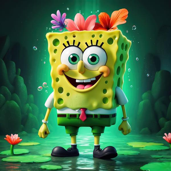 باب اسفنجی با گل‌های روی سر در برکه نیلوفر آبی، طرح فانتزی با نورپردازی نئون