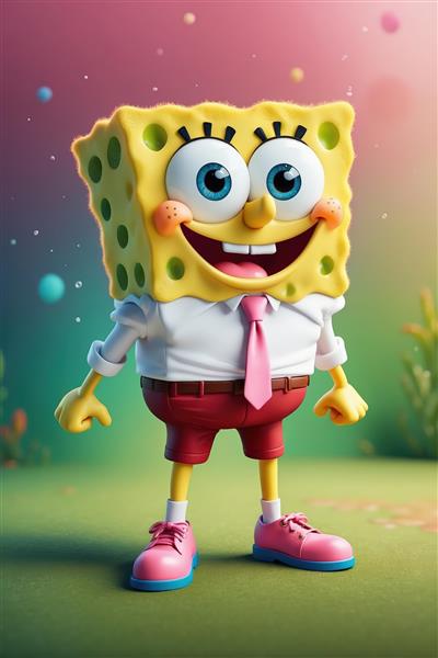 فیگور باب اسفنجی با شلوارک و کفش صورتی در فضای پاستلی، طرح سه‌بعدی کودکانه