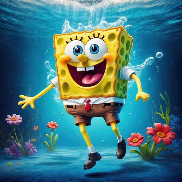 تصویر زیر آب باب اسفنجی با گل‌های دریایی، طرح کارتونی اقیانوسی برای چاپ عریض