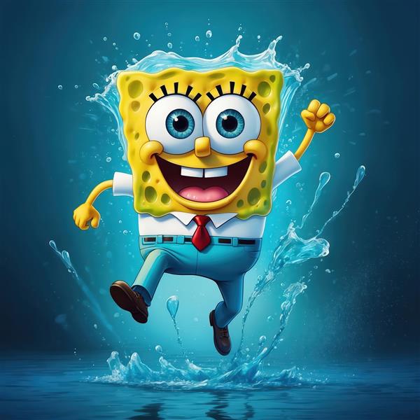 باب اسفنجی شاد در حال پاشیدن آب، تصویر اکشن و پرانرژی با پس‌زمینه آبی عمیق
