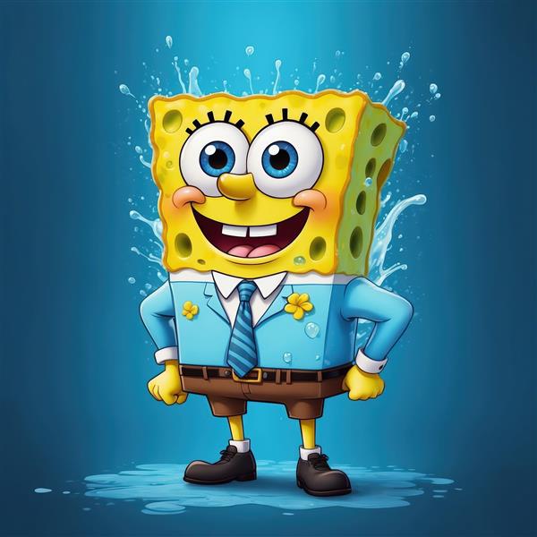 مجسمه باب اسفنجی با لباس آبی و کراوات راه‌راه در پس‌زمینه آبی اقیانوس (طرح سه‌بعدی)