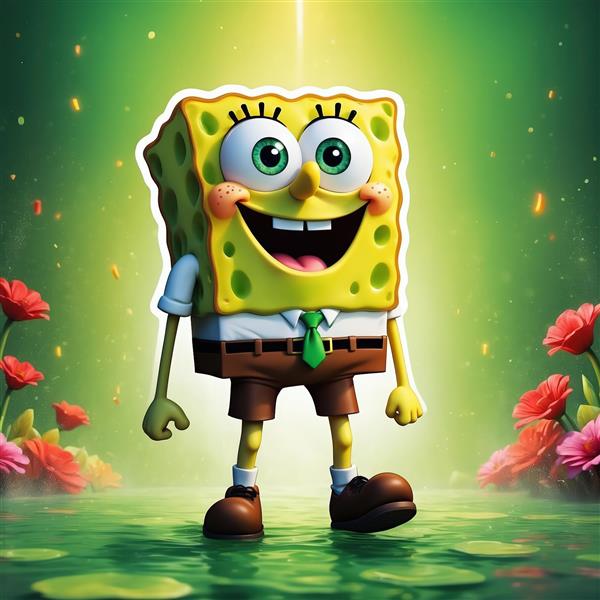 باب اسفنجی در پس‌زمینه سبز روشن با گل‌های قرمز، طرح طبیعت و شاداب