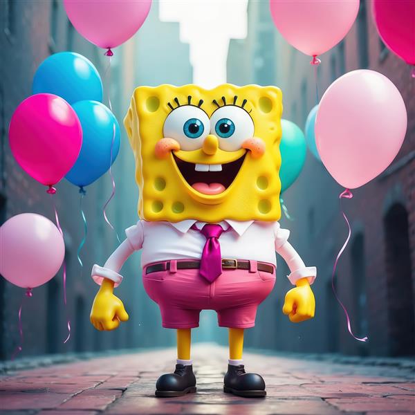 باب اسفنجی با شورت صورتی در کوچه سنگی با بادکنک‌های پررنگ، طرح سه‌بعدی شهری